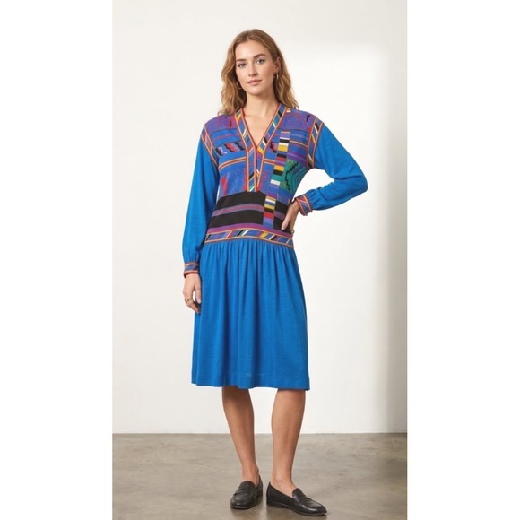 Studio Leonard Paris Dresses & Skirts - Studio Leonard Paris Vintage Blue Geometric Abstract Print Drop Waist Dress